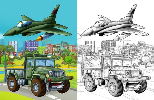 Cartoon Scene Military Army Different Duty Vehicles Road Sketch — Stockfoto