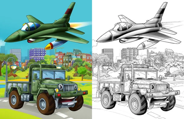 Cartoon Scene Military Army Different Duty Vehicles Road Sketch — Photo