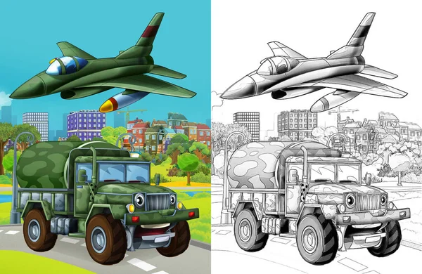 Cartoon Scene Military Army Different Duty Vehicles Road Sketch — Foto Stock
