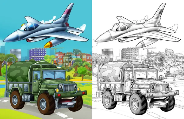 Cartoon Scene Military Army Different Duty Vehicles Road Sketch — Zdjęcie stockowe