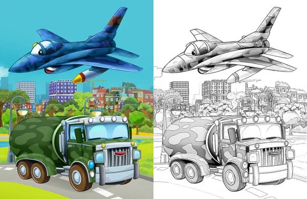Cartoon Scene Military Army Different Duty Vehicles Road Sketch — Photo