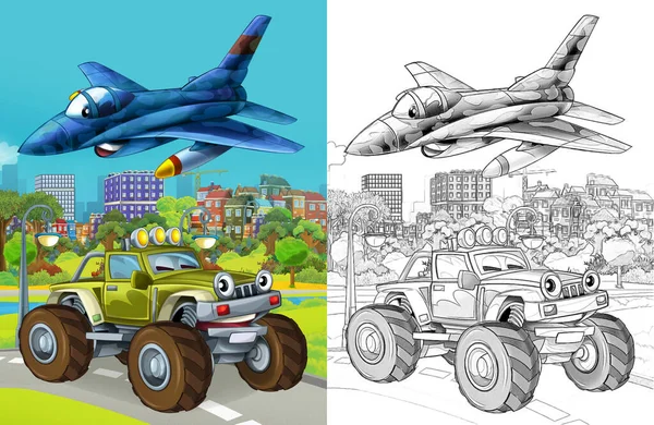 Cartoon Scene Military Army Different Duty Vehicles Road Sketch — стоковое фото