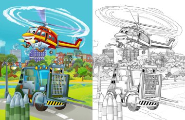 cartoon scene with military army different duty vehicles on the road with sketch