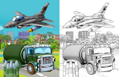 cartoon scene with military army different duty vehicles on the road with sketch