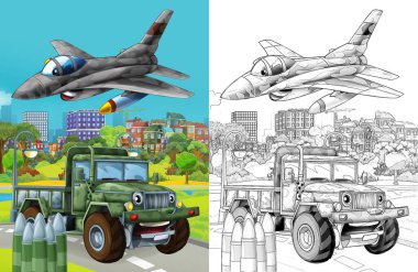 cartoon scene with military army different duty vehicles on the road with sketch