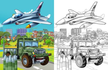 cartoon scene with military army different duty vehicles on the road with sketch