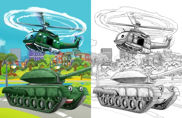 Cartoon Scene Military Army Different Duty Vehicles Road Sketch —  Fotos de Stock
