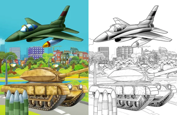 Cartoon Scene Military Army Different Duty Vehicles Road Sketch — 图库照片
