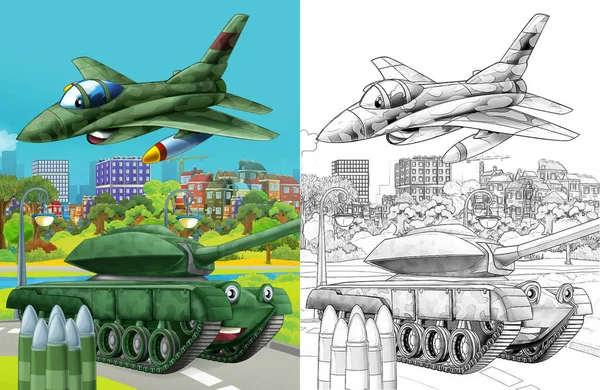 Cartoon Scene Military Army Different Duty Vehicles Road Sketch — Stock fotografie