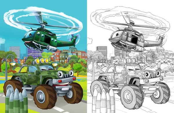 Cartoon Scene Military Army Different Duty Vehicles Road Sketch — Fotografia de Stock