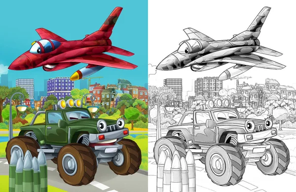 Cartoon Scene Military Army Different Duty Vehicles Road Sketch — Stok fotoğraf