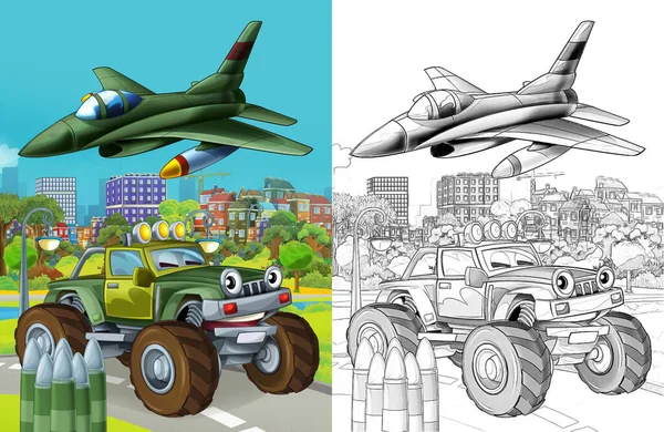 Cartoon Scene Military Army Different Duty Vehicles Road Sketch — Foto Stock