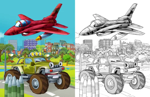 スケッチで道路上の軍の異なる義務車と漫画シーン — ストック写真