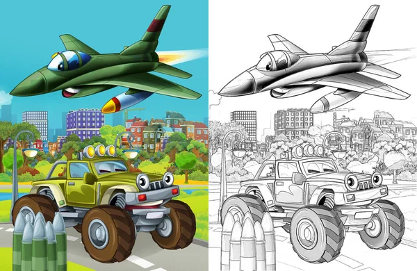 Cartoon Scene Military Army Different Duty Vehicles Road Sketch — Foto de Stock