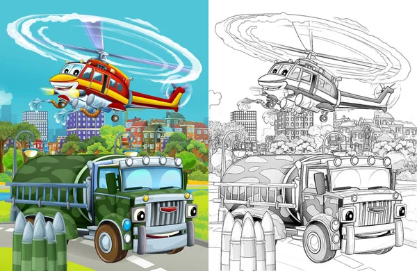 Cartoon Scene Military Army Different Duty Vehicles Road Sketch — Stok fotoğraf