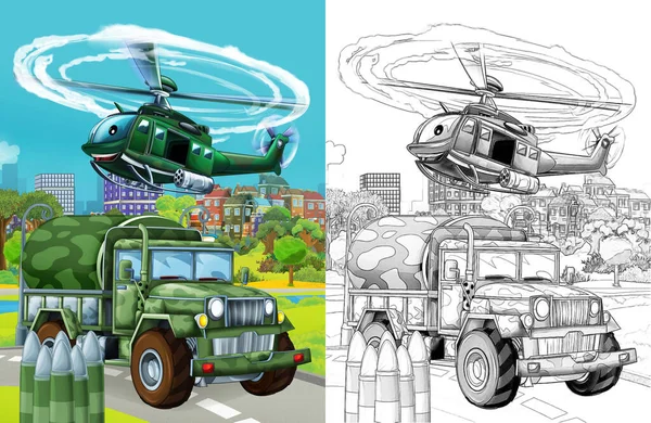 Cartoon Scene Military Army Different Duty Vehicles Road Sketch —  Fotos de Stock