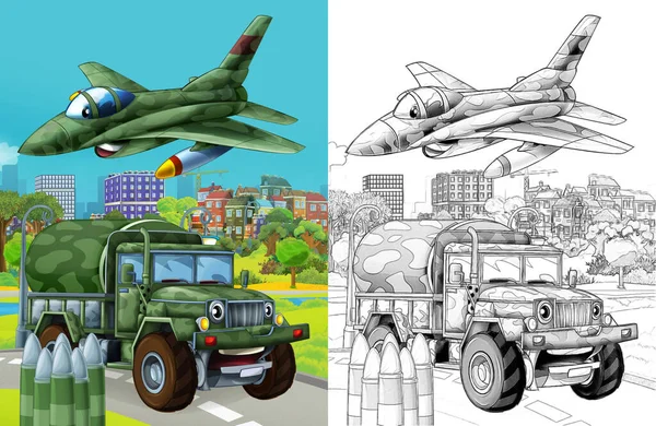 Cartoon Scene Military Army Different Duty Vehicles Road Sketch — Stock Photo, Image