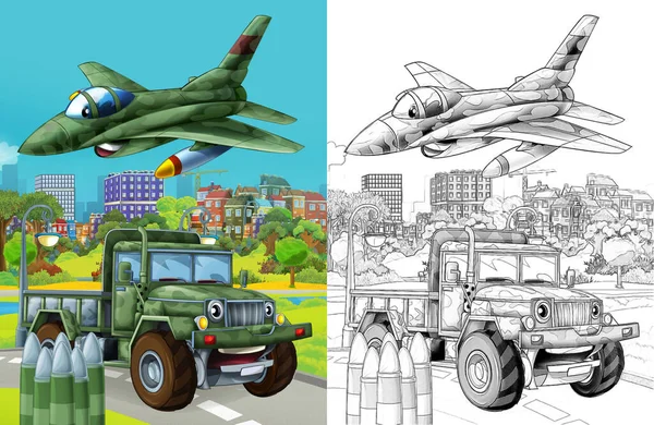 Cartoon Scene Military Army Different Duty Vehicles Road Sketch — 图库照片