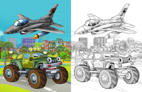 Cartoon Scene Military Army Different Duty Vehicles Road Sketch — Stock Photo, Image