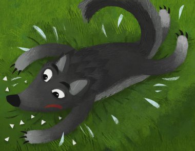 cartoon scene with bad wolf on the grass with his teeth knocked out illustration for children
