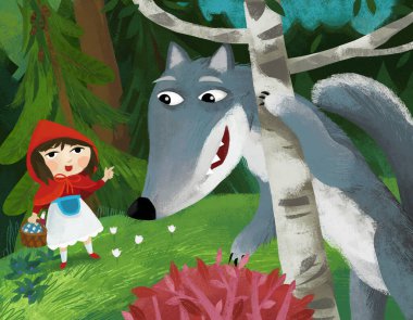cartoon scene with bad wolf meeting little girl in red hood in the forest illustration for children
