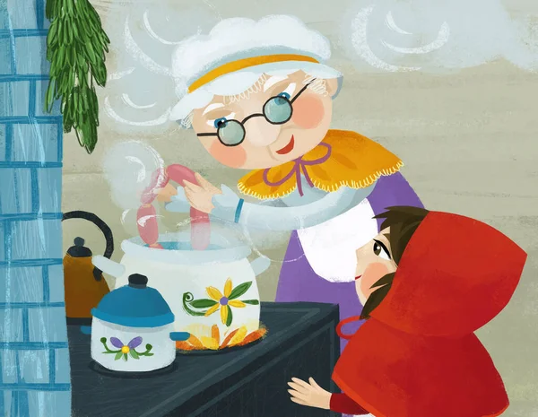 cartoon scene with grandmother and girl in red hood granddaughter in the kitchen cooking illustration for children