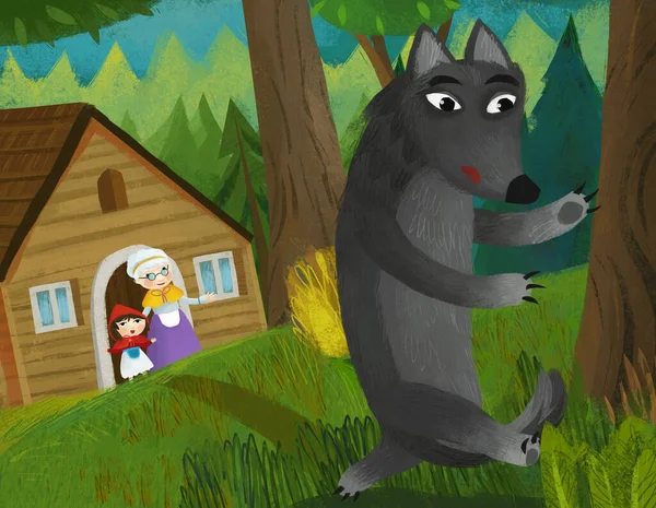 Cartoon Scene Evil Wolf Spying Wooden House Illustration Children — Stock fotografie