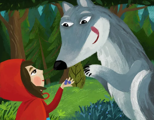 Cartoon Scene Bad Wolf Meeting Little Girl Red Hood Forest — Stock fotografie