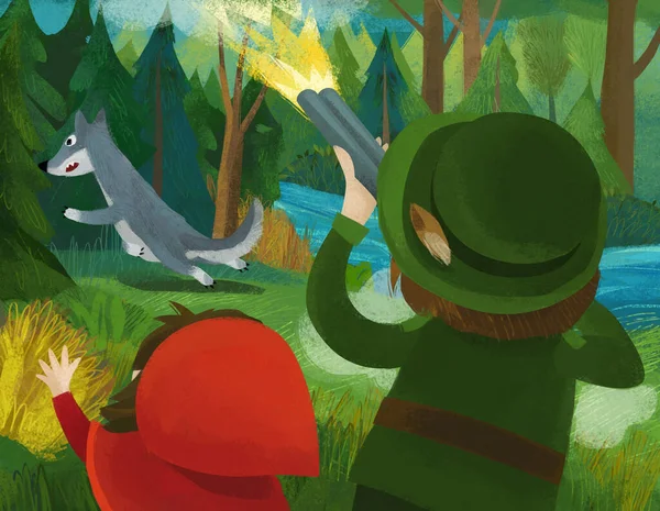 cartoon scene with good hunter forester in forest hunting bad wolf defending little girl illustration for children