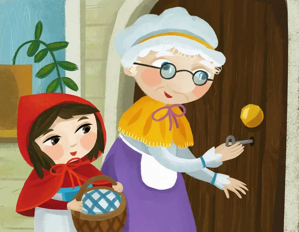 cartoon scene with grandmother and girl in red hood granddaughter in the rest room illustration for children