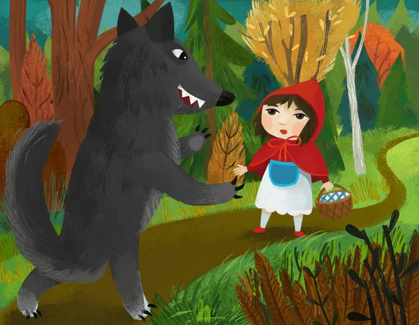 Cartoon Scene Bad Wolf Meeting Little Girl Red Hood Forest — Stock Photo, Image
