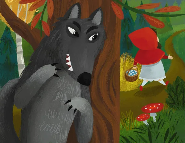 Cartoon Scene Bad Wolf Meeting Little Girl Red Hood Forest — Stok fotoğraf