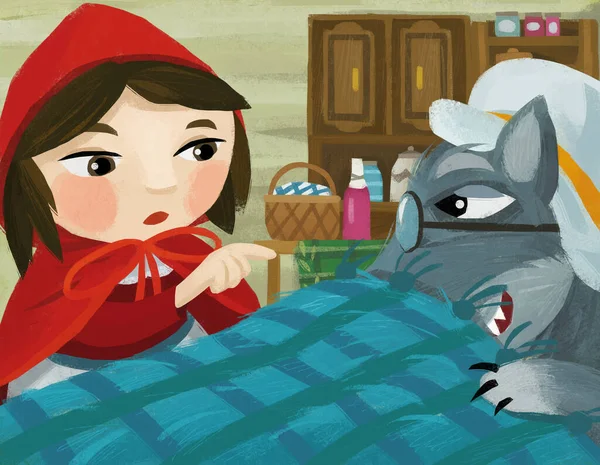 cartoon scene with bad wolf in disguise of grandmother resting in the bed and little girl illustration for children