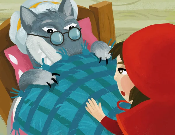 Cartoon Scene Bad Wolf Disguise Grandmother Resting Bed Little Girl — Photo