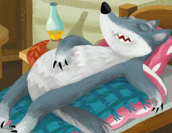 cartoon scene with bad wolf sleeping on grandma bed illustration for children