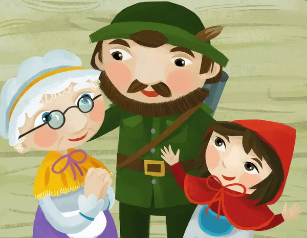 Tegnefilmscene Med Farmors Barnebarns Jeger Som Lykkebringende Illustrasjon Barn – stockfoto