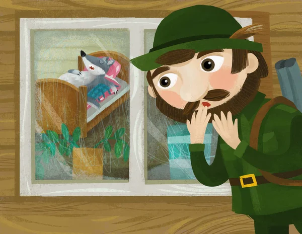 Cartoon Scene Good Hunter Forester Wooden House Illustration Children — Stok fotoğraf