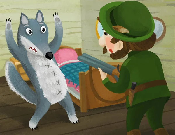 Cartoon Scene Good Hunter Forester Wooden House Hunting Bad Wolf — Φωτογραφία Αρχείου
