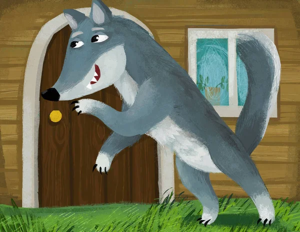 Cartoon Scene Evil Wolf Spying Wooden House Illustration Children — Stock Photo, Image