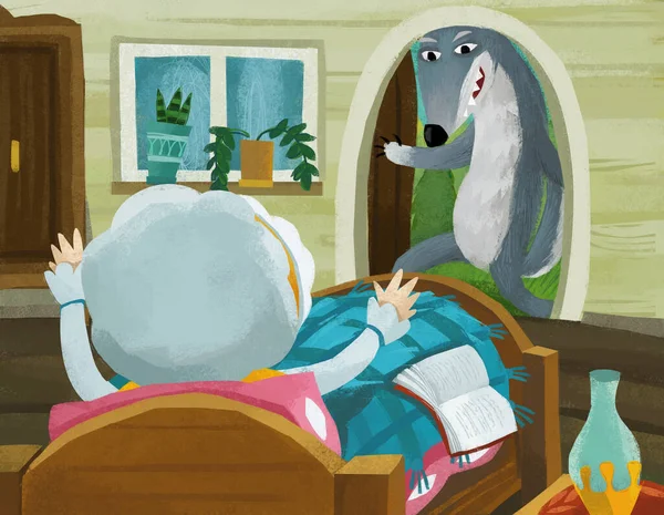 cartoon scene with grandmother resting in the bed and bad wolf comes in illustration for children