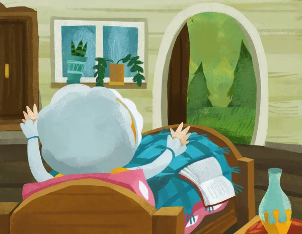 Cartoon Scene Grandmother Resting Bed Reading Book Illustration Children — Φωτογραφία Αρχείου