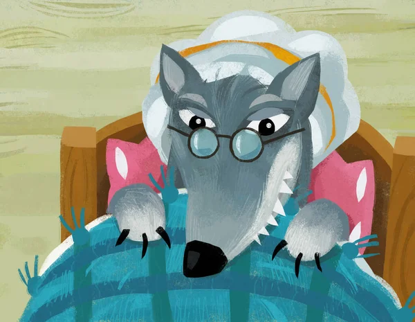 Cartoon Scene Bad Wolf Disguise Grandmother Resting Bed Illustration Children — Stockfoto