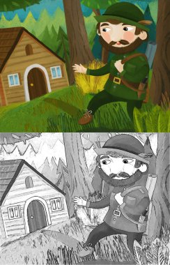 cartoon scene with good hunter forester near wooden house illustration for children