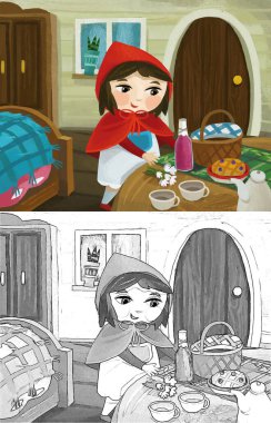 cartoon scene with little girl kid in wooden house in red hood illustration for children