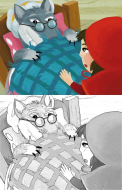 cartoon scene with bad wolf in disguise of grandmother resting in the bed and little girl illustration for children