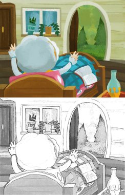cartoon scene with grandmother resting in the bed reading book illustration for children