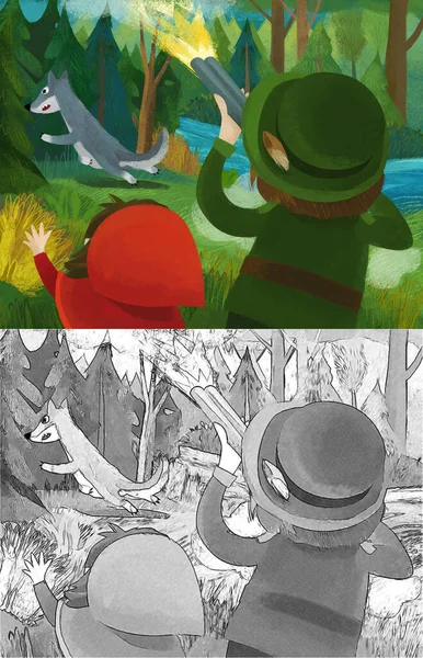 cartoon scene with good hunter forester in forest hunting bad wolf defending little girl illustration for children