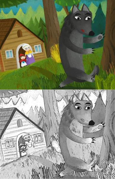 Cartoon Scene Evil Wolf Spying Wooden House Illustration Children — Φωτογραφία Αρχείου