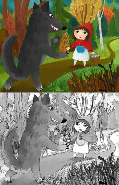 Cartoon Scene Bad Wolf Meeting Little Girl Red Hood Forest — Stockfoto