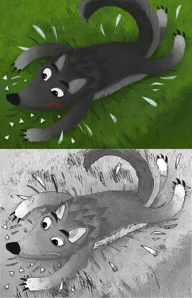 Cartoon Scene Bad Wolf Grass His Teeth Knocked Out Illustration — ストック写真